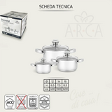 Set 3 Pentole Diamond 12/14/16 due manici in acciaio inox con coperchi - Arca