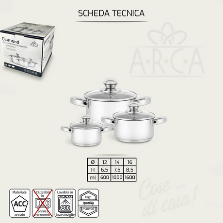 Set 3 Pentole Diamond 12/14/16 due manici in acciaio inox con coperchi - Arca