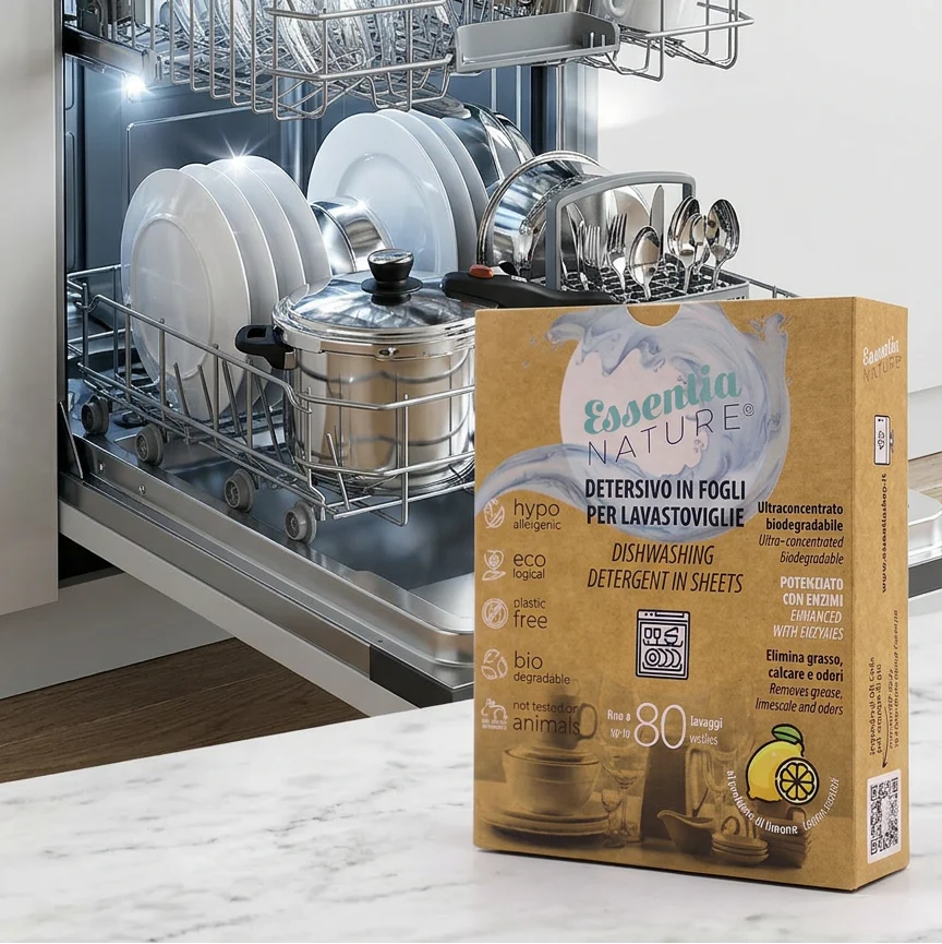 Detersivo Lavastoviglie Ecologico in Fogli Essentia 80 Lavaggi – Ipoallergenico, Vegan, Senza Plastica