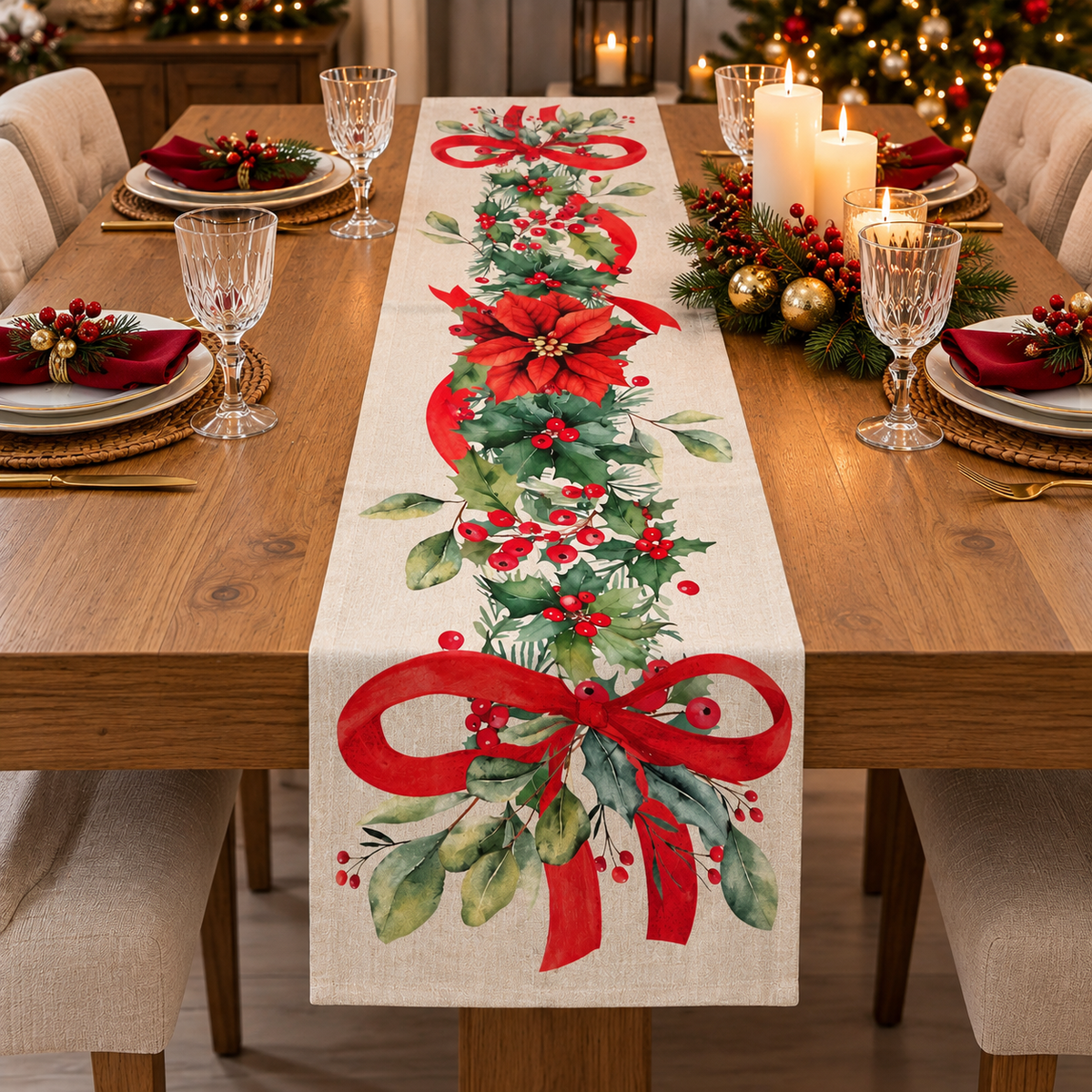 Runner da Tavola Natalizio Fantasia Fiocco 45x150 cm 100% Cotone - Linea Oro