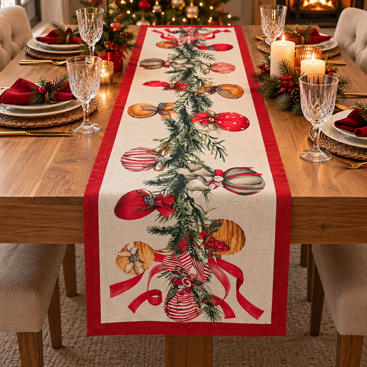 Runner da Tavola Natalizio Fantasia Palline 45x150 cm 100% Cotone - Linea Oro