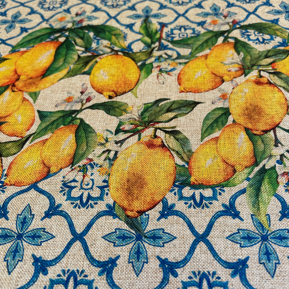 Passatoia Cucina Antiscivolo Maioliche e Limoni Effetto Lino con Fondo Gommato