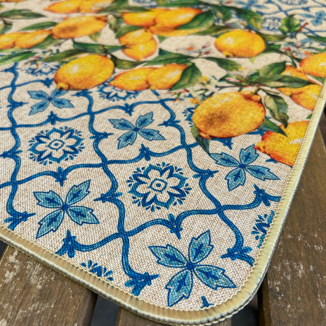 Passatoia Cucina Antiscivolo Maioliche e Limoni Effetto Lino con Fondo Gommato