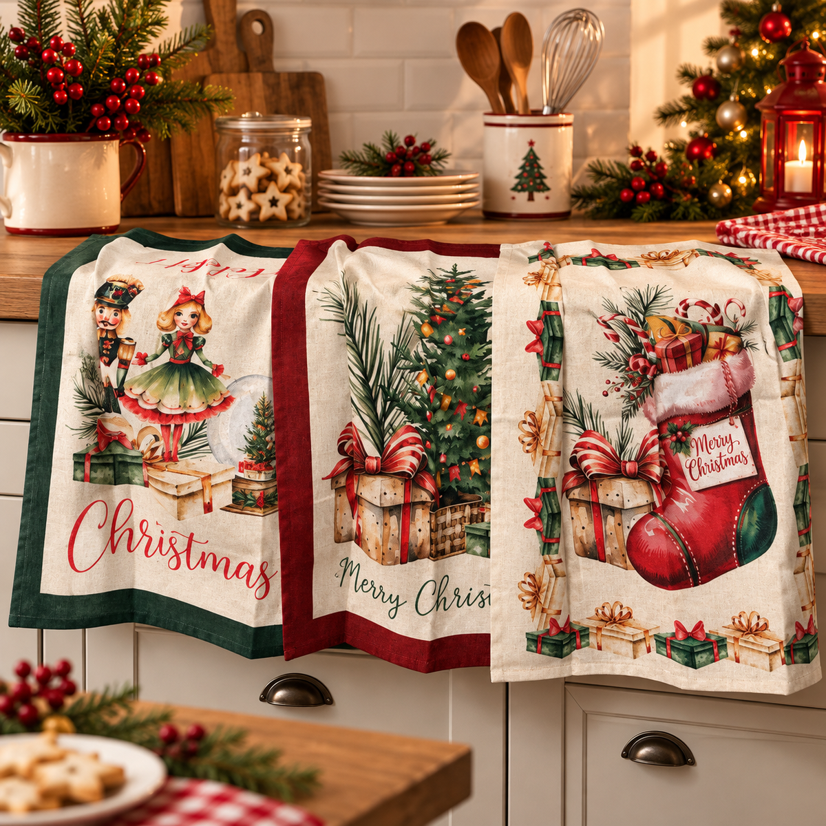 Set 3 Stofinacci Natalizi Fantasia Noel 100% Cotone - Linea Oro