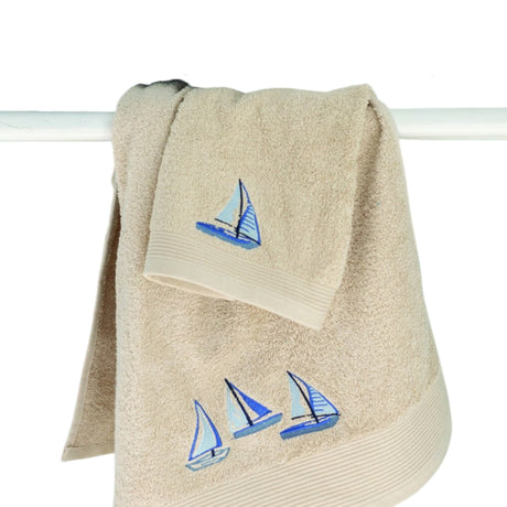 Set Asciugamani 1+1 Barchette L’Atelier 17 in Spugna Cotone 500 GSM Bianco Sabbia Blu Mare