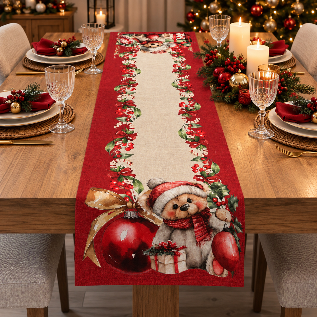 Runner da Tavola Natalizio Fantasia Orsetto 45x150 cm 100% Cotone - Linea Oro