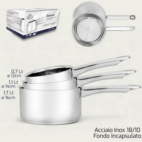Set 3 Pentole Diamond 12/14/16 un manico in acciaio inox - Arca