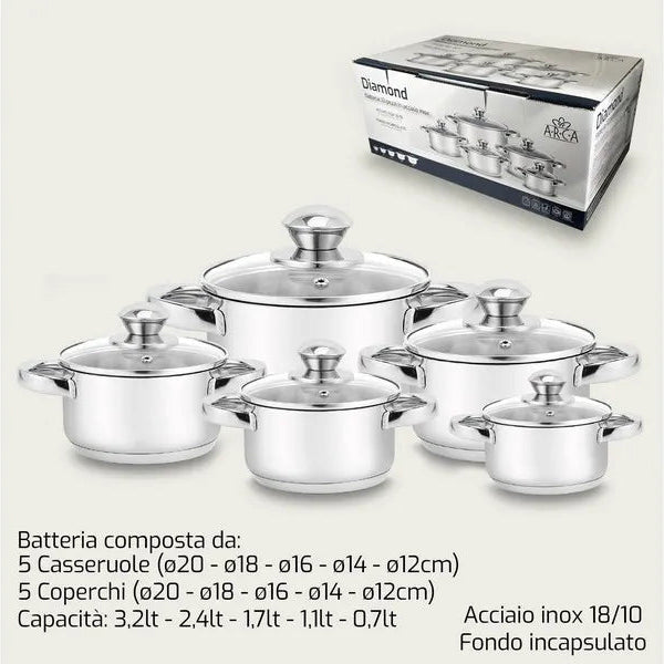Set 5 Pentole Diamond 12/14/16/18/20 due manici in acciaio inox con coperchi - Arca