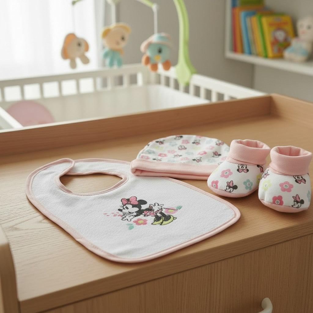 Set Nascita 3 Pezzi Cappellino, Babbucce e Bavaglino Minnie e Mickey Mouse - Disney Baby