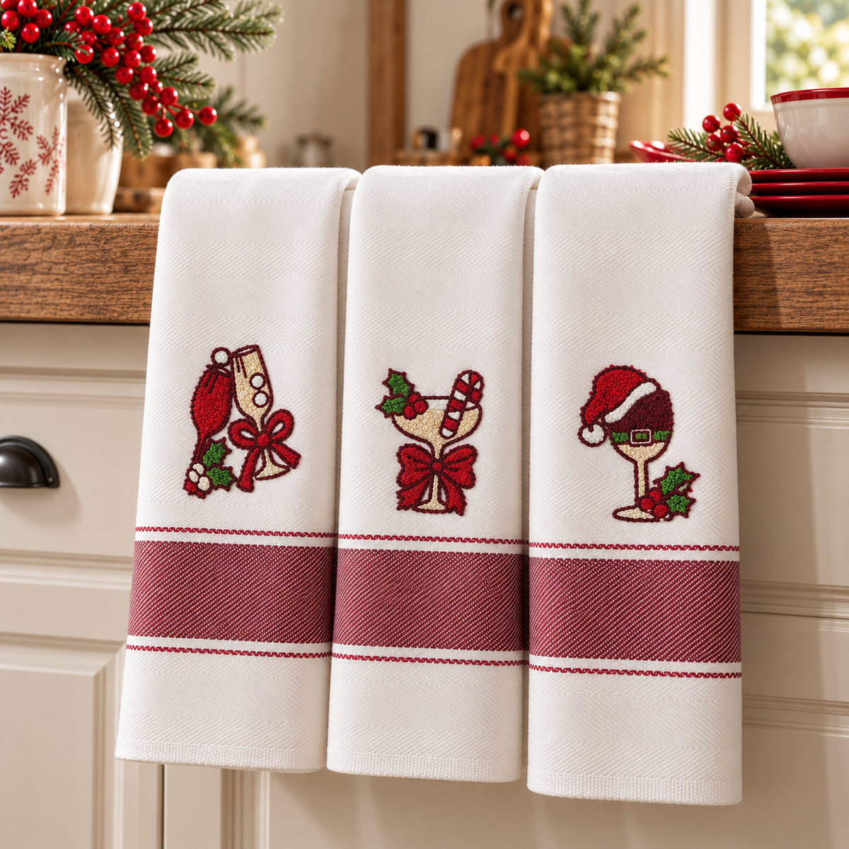 Set 3 Strofinacci Natalizi Spiga Xmas Calici 100% Cotone - Vingi