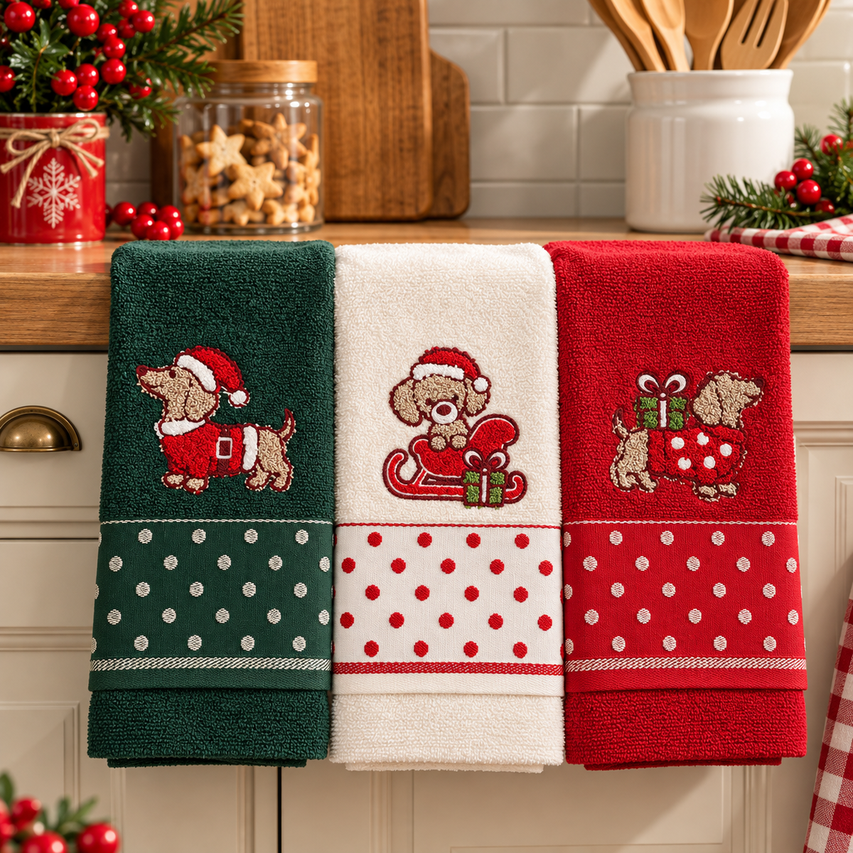 Set 3 Strofinacci Natalizi Pois Xmas Bassotti 100% Cotone - Vingi