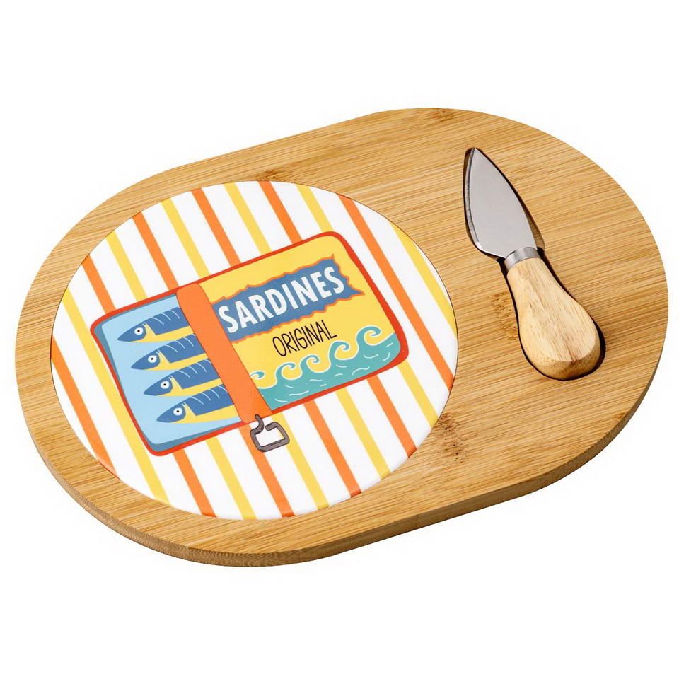 Set Tagliere Sardine Montemaggi in Bamboo e Ceramica con Coltello 29x19 cm