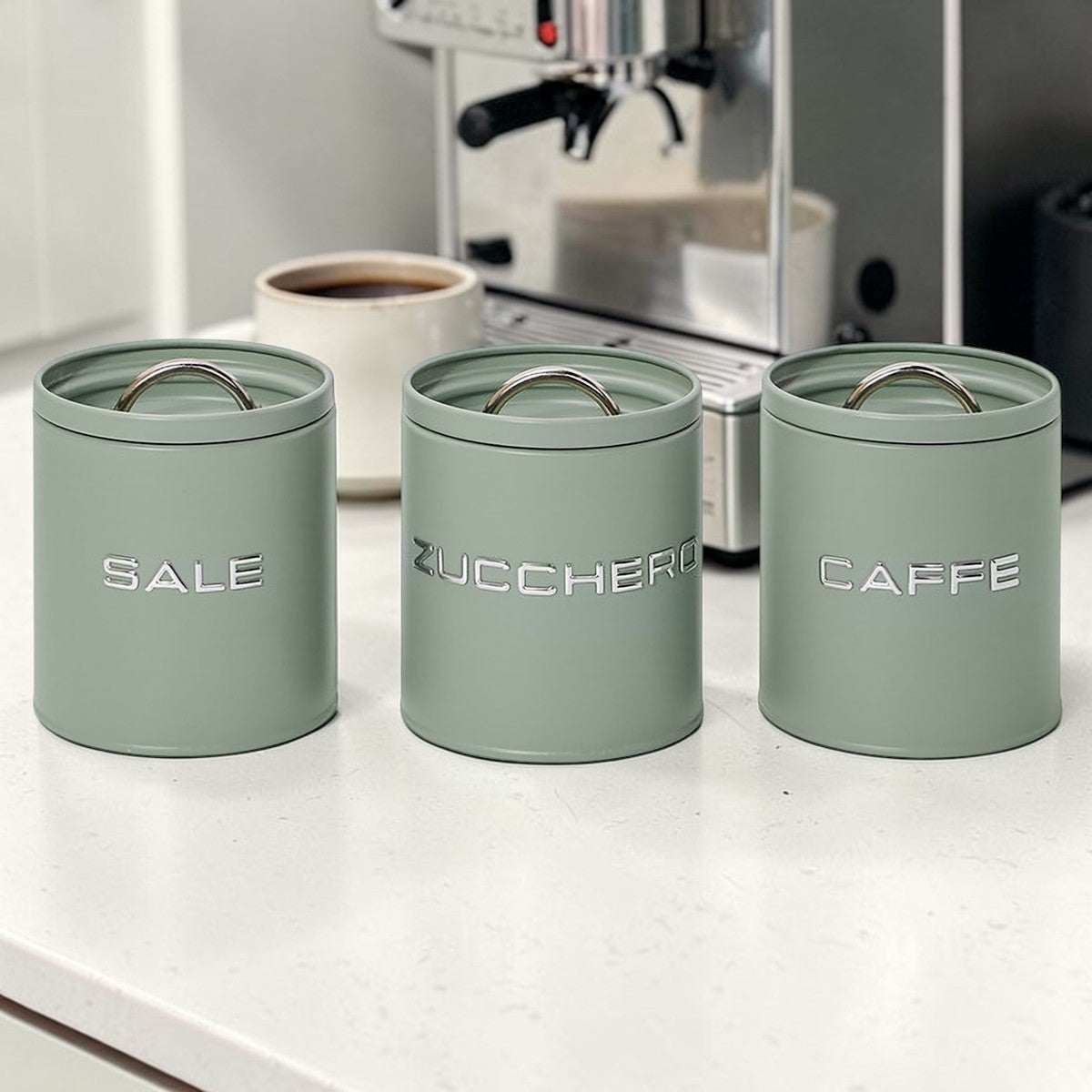 Kitchen Set Barattoli Sale e Zucchero in Metallo Verde Salvia 11x11x11 cm - Montemaggi