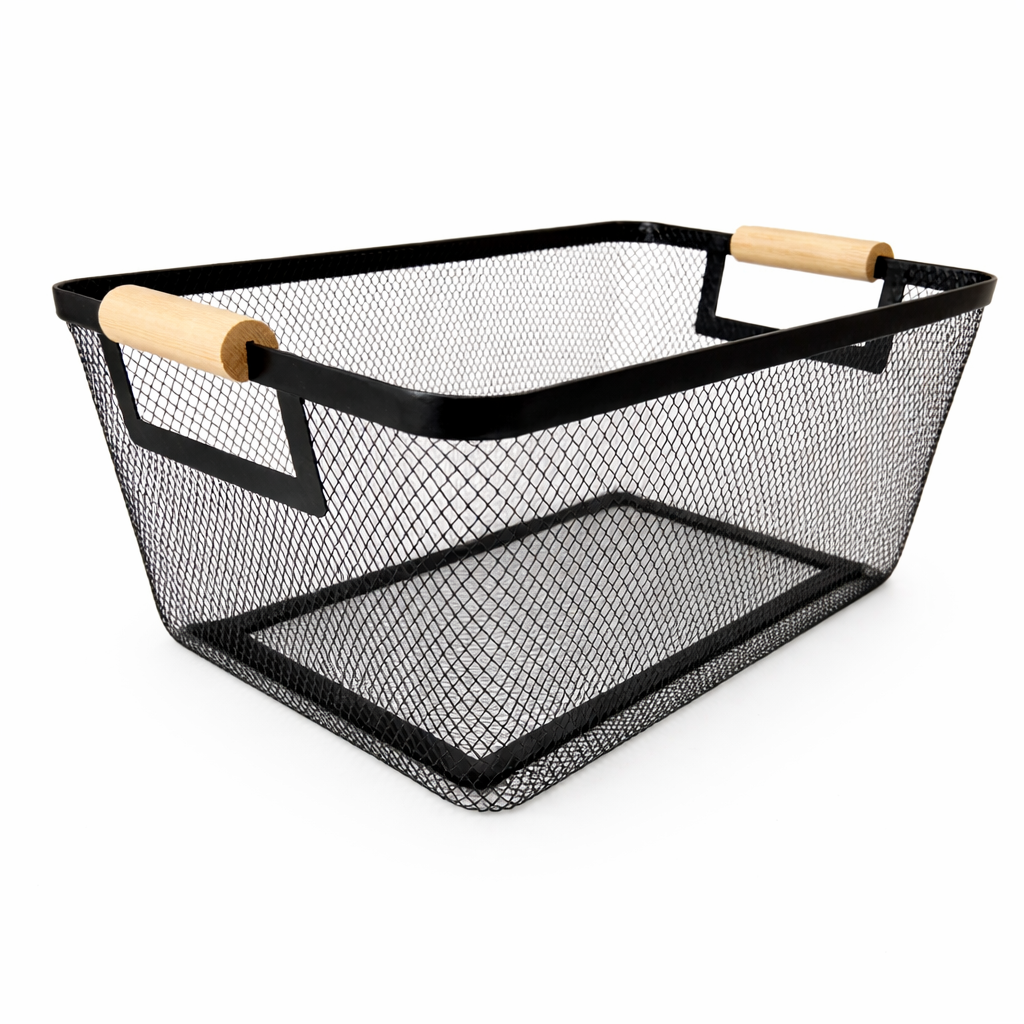 Cestino in Ferro Quadrato con Manico in Legno24,5 x 17,5 x h 11 cm o 35,5 x 23 x h 16 cm  – AD TREND