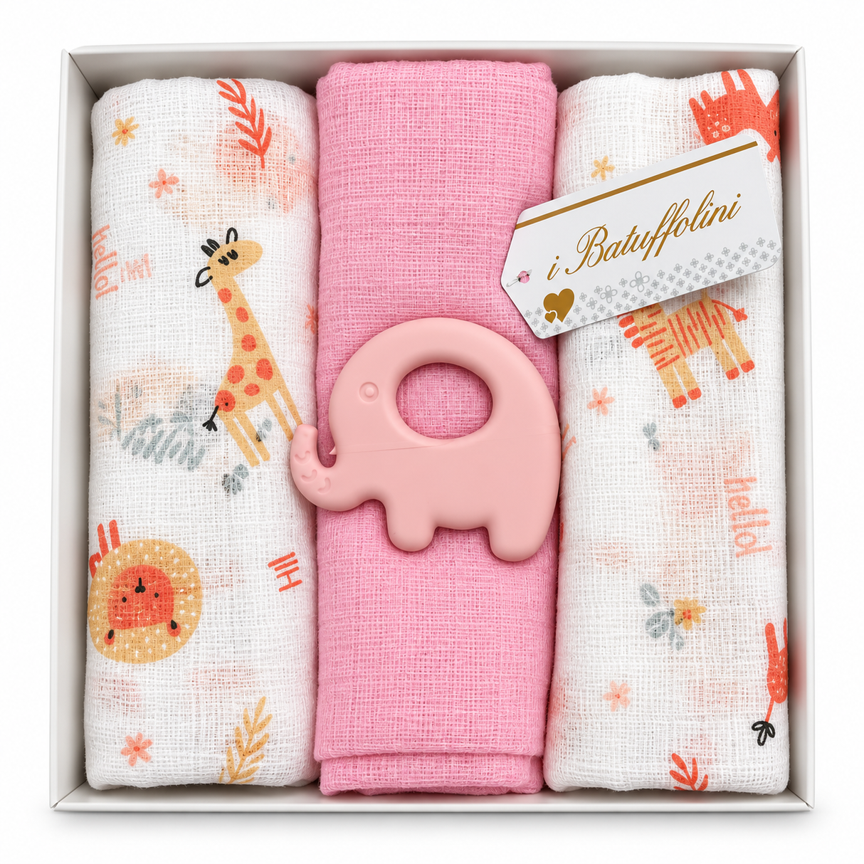Set 3 Mussole in Garza di Cotone Neonato con Gadget in Silicone Rosa - I Batuffolini