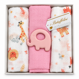 Set 3 Mussole in Garza di Cotone Neonato con Gadget in Silicone Rosa - I Batuffolini