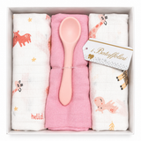 Set 3 Mussole in Garza di Cotone Neonato con Gadget in Silicone Rosa - I Batuffolini