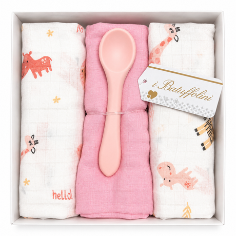 Set 3 Mussole in Garza di Cotone Neonato con Gadget in Silicone Rosa - I Batuffolini