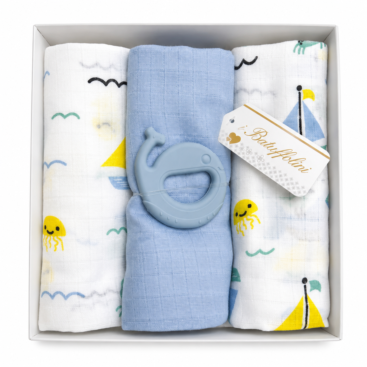 Set 3 Mussole in Garza di Cotone Neonato con Gadget in Silicone Azzurro - I Batuffolini