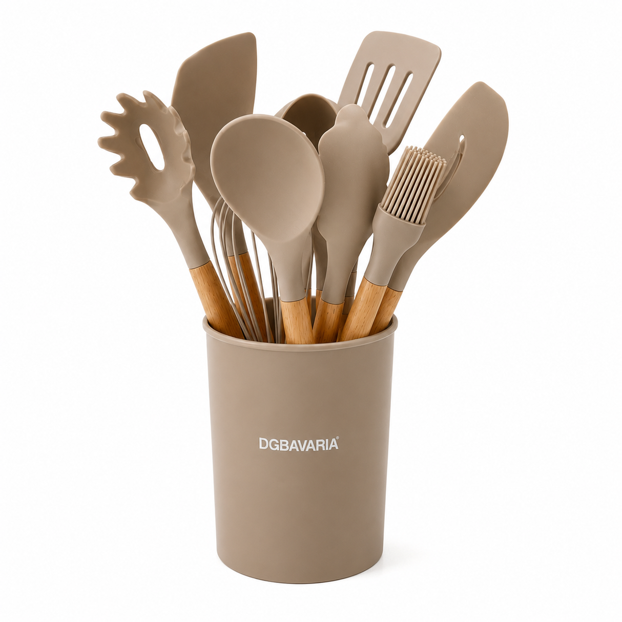 Set Utensili da Cucina in Silicone 12 Pezzi con Portamestoli – Manico Effetto Legno