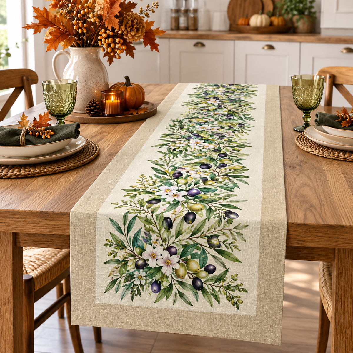 Runner Autunnale Olive Stampa Digitale 100% Cotone 45x150cm - Linea Oro