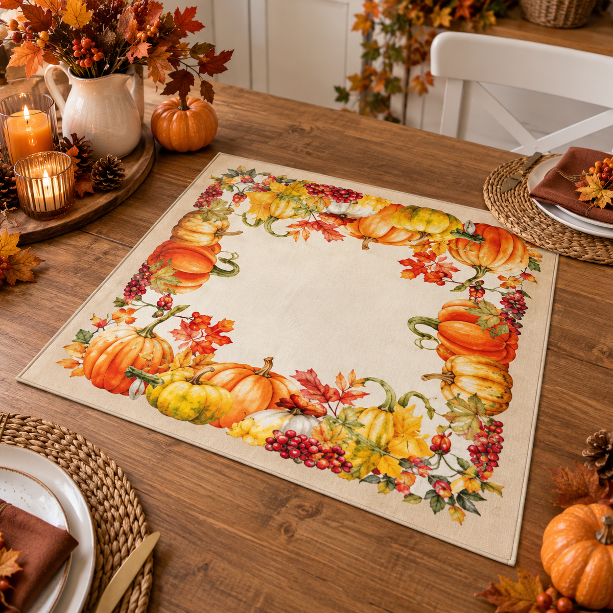 Centrotavola Autunnale Zucca Stampa Digitale 100% Cotone 90x90cm - Linea Oro