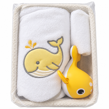 Set Bagnetto Baby Balena 4 Pezzi Accappatoio a Triangolo, Manopola, Cestino e Giochino - Bruco Bruco
