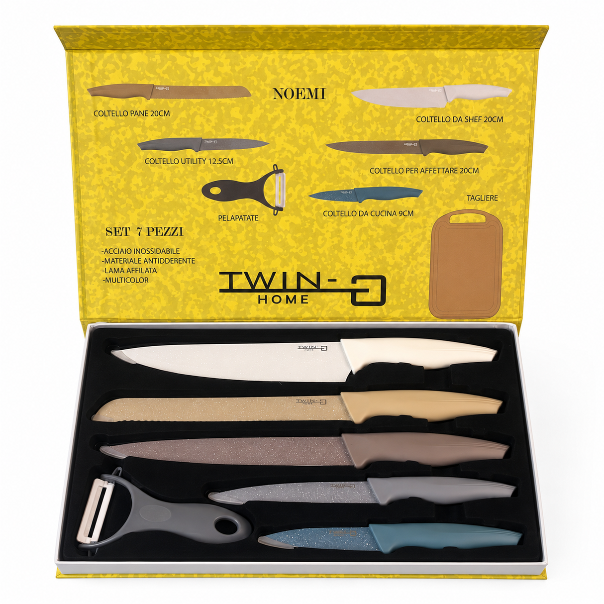 Set Coltelli da Cucina Noemi Twin Home 7 Pezzi con Tagliere