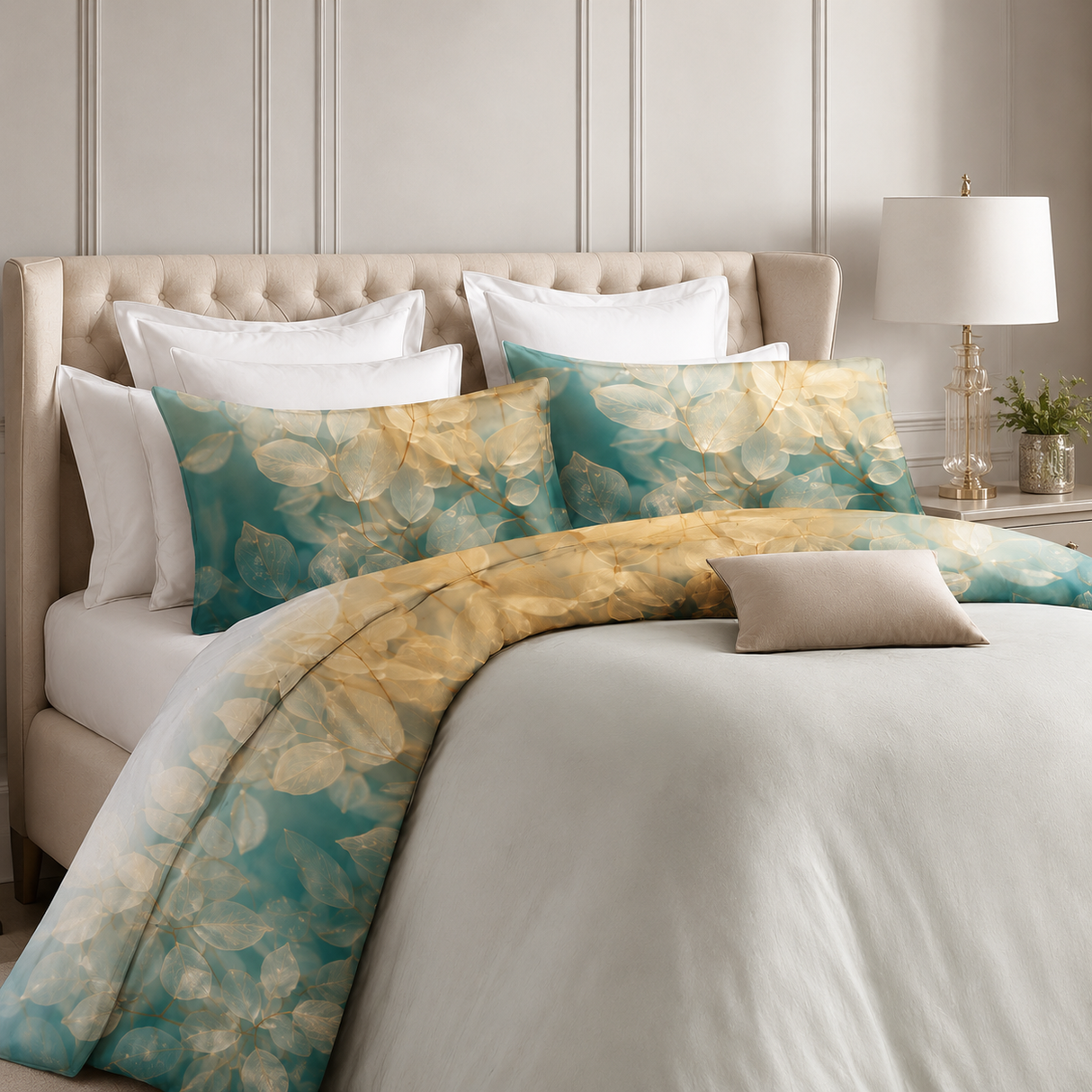 Completo Lenzuola Matrimoniale con Balza Stampata Foglie Gold 100% Cotone - Botticelli Home