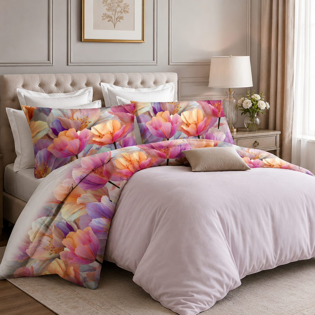Completo Lenzuola Matrimoniale con Balza Stampata Maxi Fiori Acquerello 100% Cotone - Botticelli Home