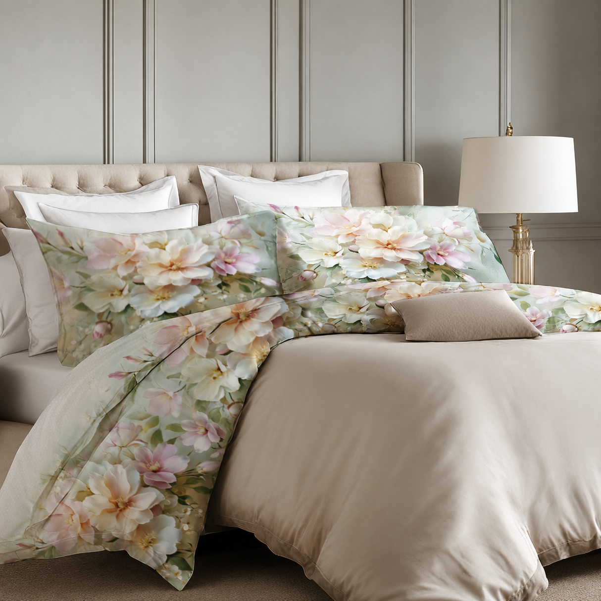 Completo Lenzuola Matrimoniale con Balza Stampata Fiori Pastello 100% Cotone - Botticelli Home