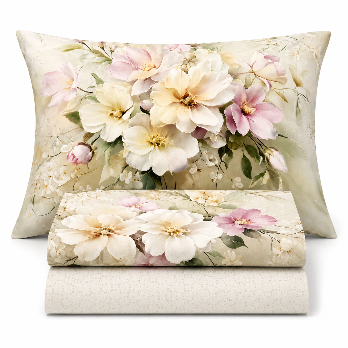 Completo Lenzuola Matrimoniale con Balza Stampata Fiori Pastello 100% Cotone - Botticelli Home