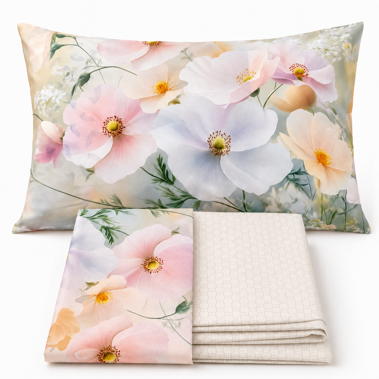 Completo Lenzuola Matrimoniale con Balza Stampata Primavera Delicata 100% Cotone - Botticelli Home