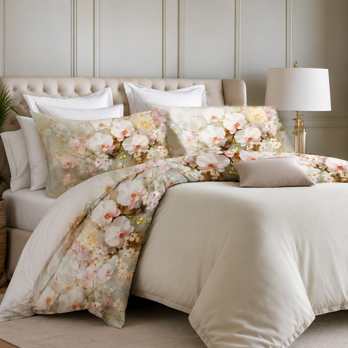 Completo Lenzuola Matrimoniale con Balza Stampata Orchidea Romantica 100% Cotone - Botticelli Home