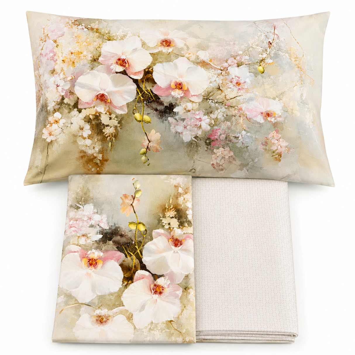 Completo Lenzuola Matrimoniale con Balza Stampata Orchidea Romantica 100% Cotone - Botticelli Home