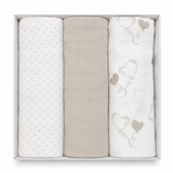 Set 3 Mussole in Garza di Cotone Bianco/Tortora Neonato Rifinite con Piega 75x75cm - Nancy Baby