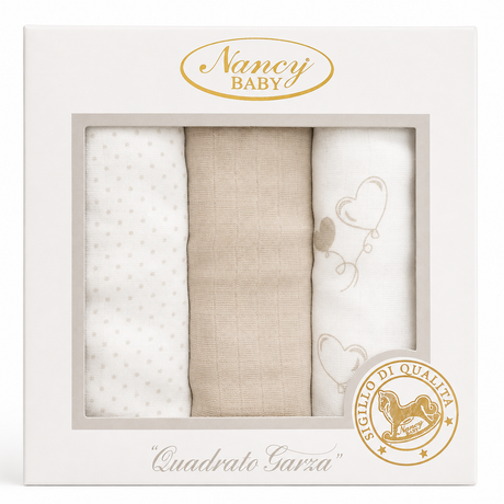 Set 3 Mussole in Garza di Cotone Bianco/Tortora Neonato Rifinite con Piega 75x75cm - Nancy Baby