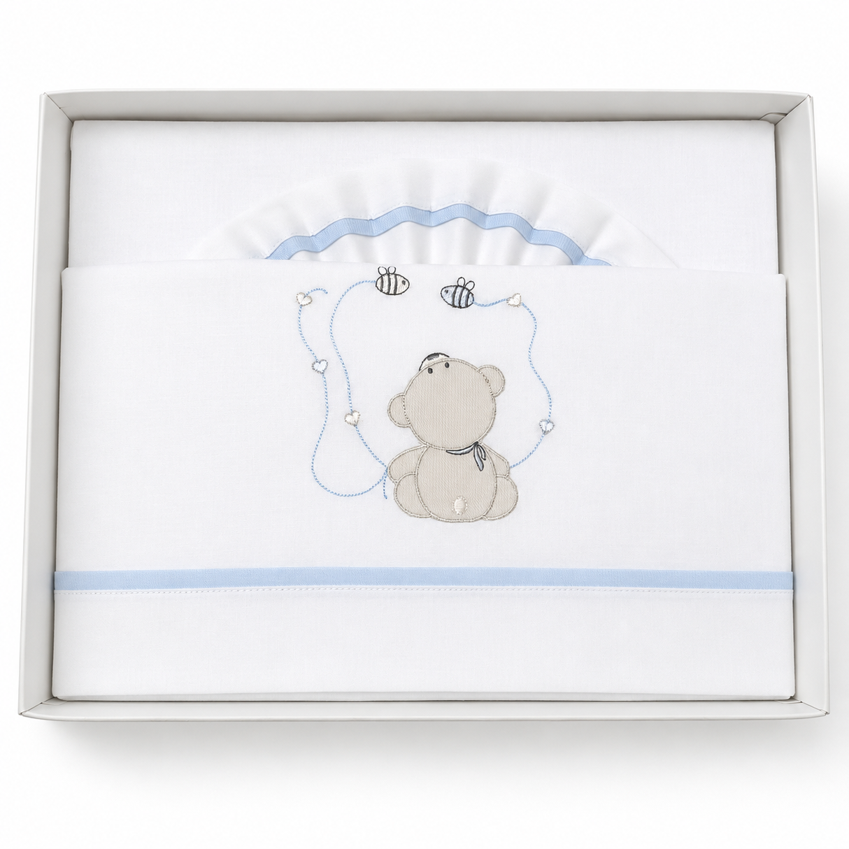 Completo Lenzuola Lettino 3pz con Ricamo Orsetto e Api 100% Cotone - Dolci Sogni