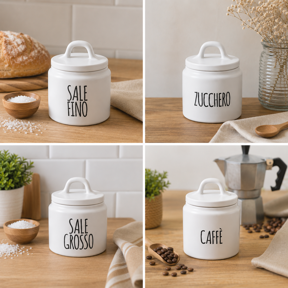 Barattolo in Ceramica con Coperchio per Zucchero, Caffè, Sale Fino o Grosso, 13x15cm o 14x21cm - Cucina&Cottura