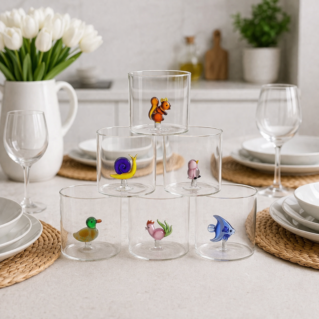 Set 6 Bicchieri Acqua 320ml con Decorazione Interna Animaletti in Vetro Borosilicato - Montemaggi