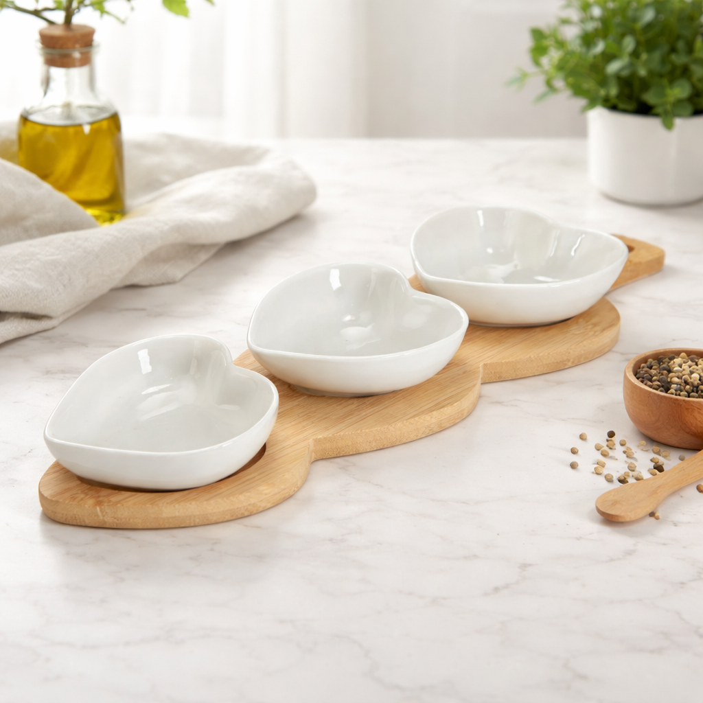 Set 3 ciotoline in porcellana Cuore cn base in bamboo - Maison Tortorà