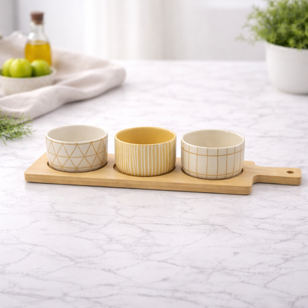 Antipastiera con 4 Ciotole in Ceramica e Base in Bamboo - Gusto Casa