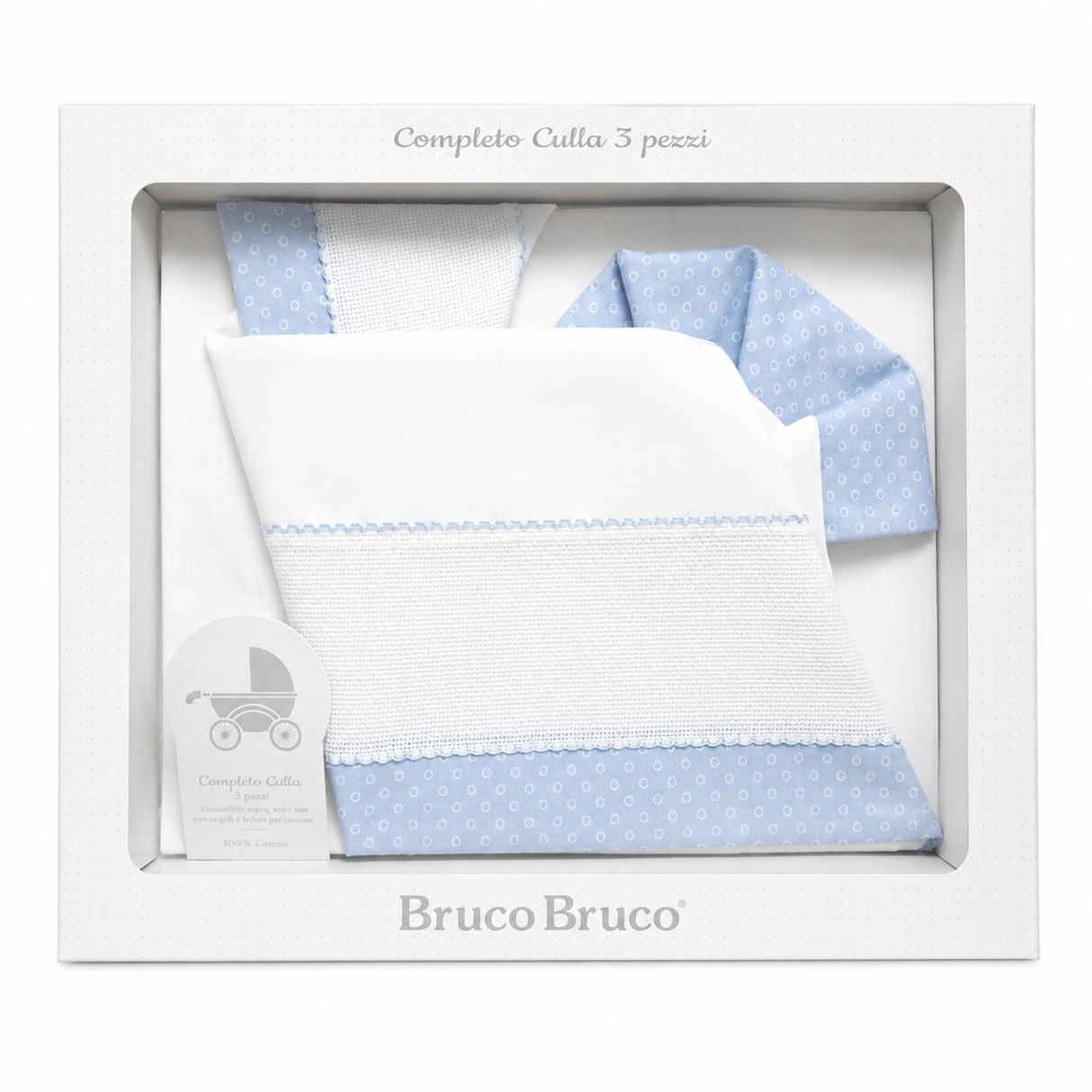 Completo Lenzuola per Culla 3 Pezzi con Inserto Tela Aida 100% Cotone art. EC0011 - Bruco Bruco