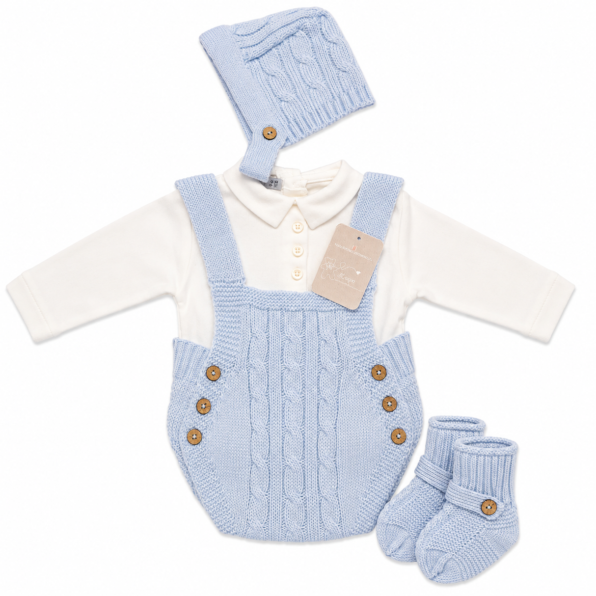 Set Neonato 4 Pezzi Pagliaccetto Effetto Lana con Camicia, Cappellino e Babbucce NG2036 - Nazareno Gabrielli