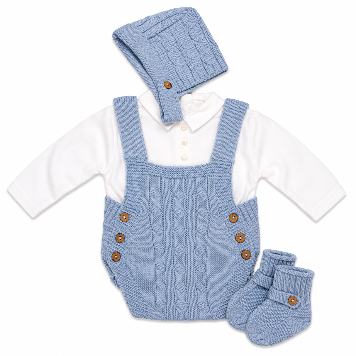Set Neonato 4 Pezzi Pagliaccetto Effetto Lana con Camicia, Cappellino e Babbucce NG2036 - Nazareno Gabrielli
