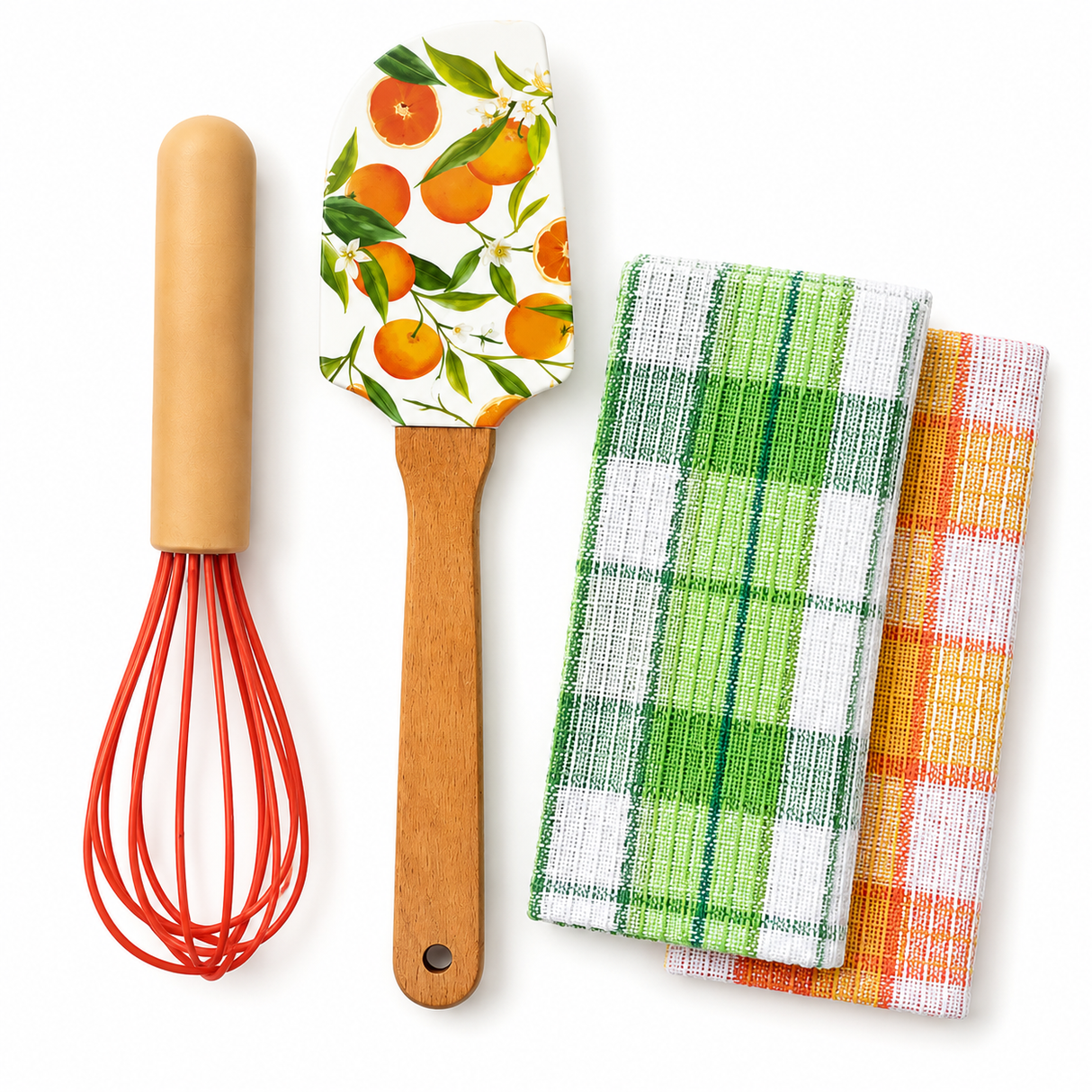 Set Accessori Cucina 4 Pezzi con 2 Strofinacci – Spatola, Frusta e Strofinacci Fantasia