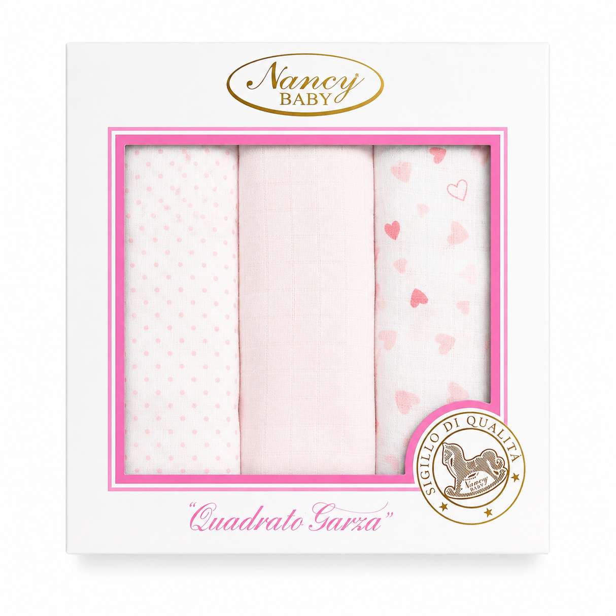 Set 3 Mussole in Garza di Cotone Neonato Rifinite con Piega 75x75cm - Nancy Baby