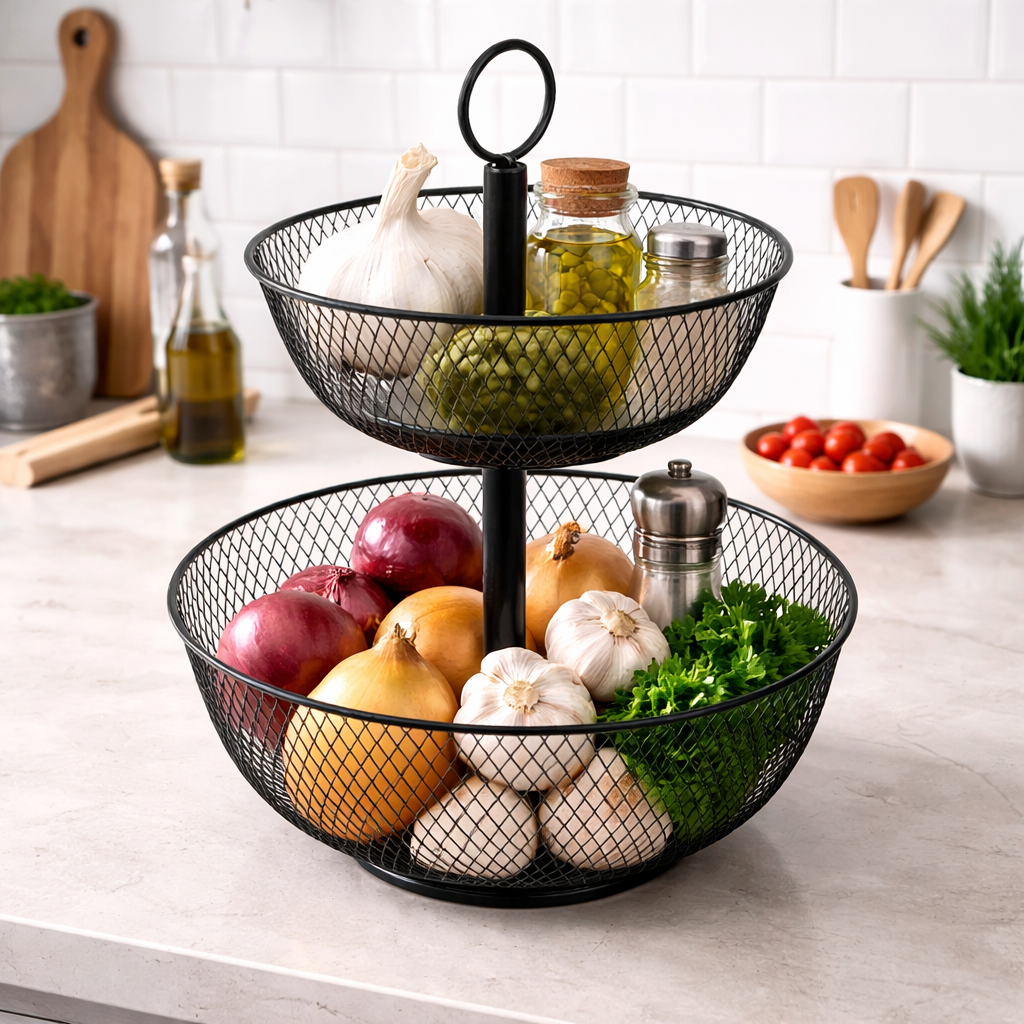 Alzata in Ferro 2 Cestini AD Trend H41 cm – Porta Frutta o Organizer Cucina