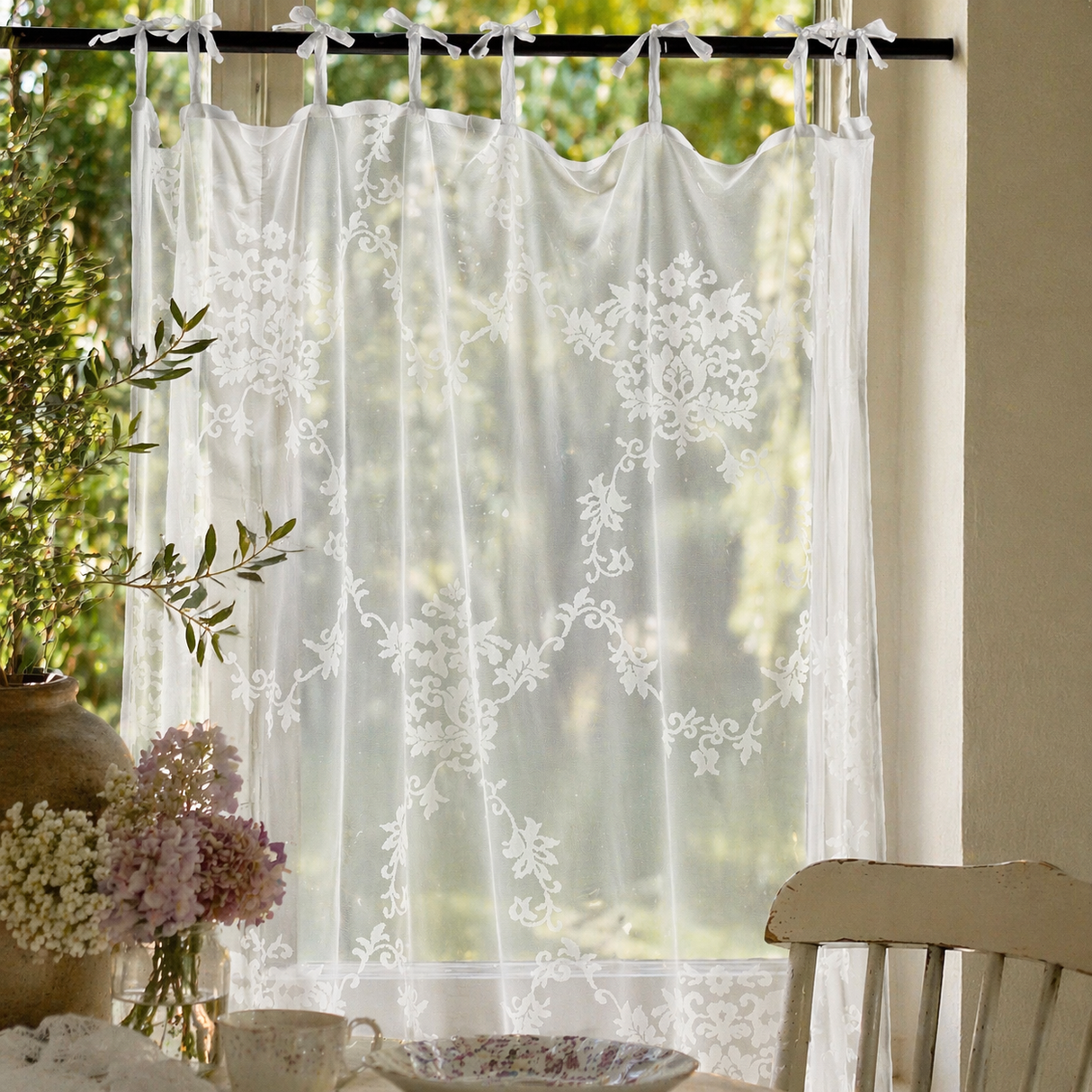 Tenda AURORA con lacci Atelier 17 trasparente shabby chic – tenda elegante per cucina e soggiorno