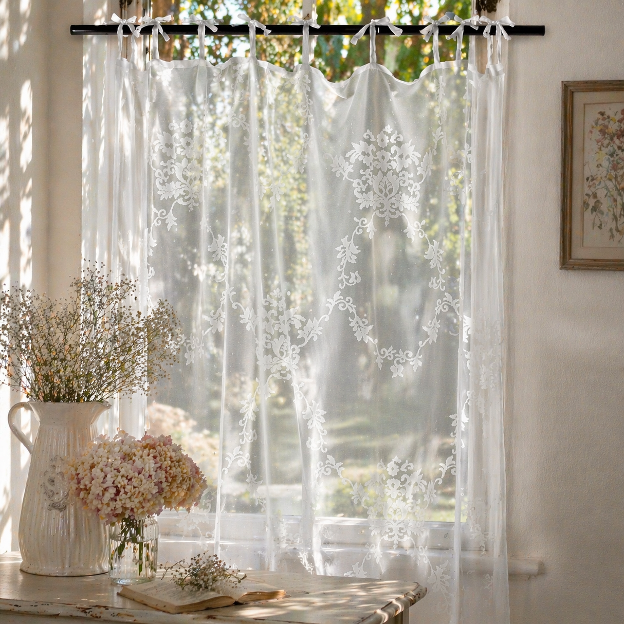 Tenda AURORA con lacci Atelier 17 trasparente shabby chic – tenda elegante per cucina e soggiorno